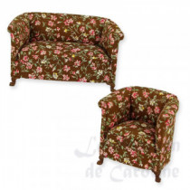 Set 2 pcs sofa and armchair fabrics brown flowered walnut