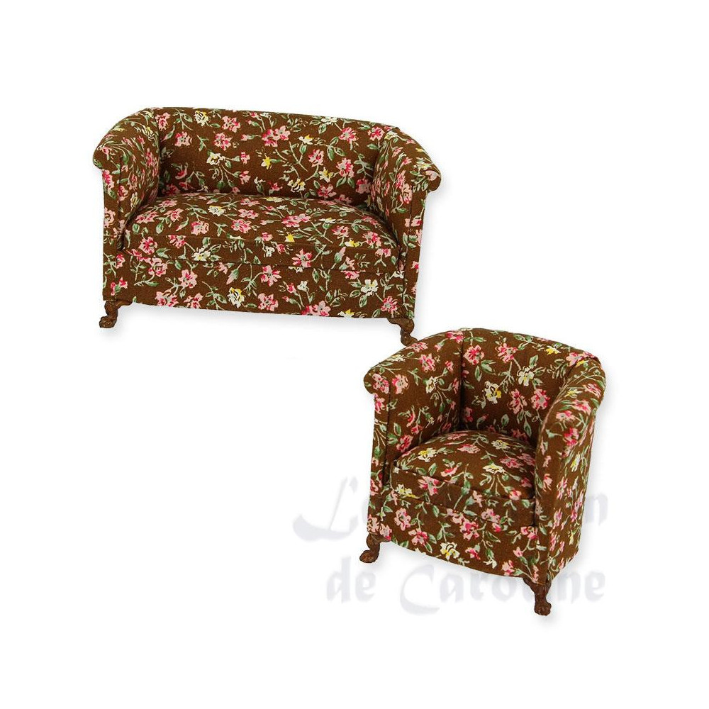 Set 2 pcs sofa and armchair fabrics brown flowered walnut