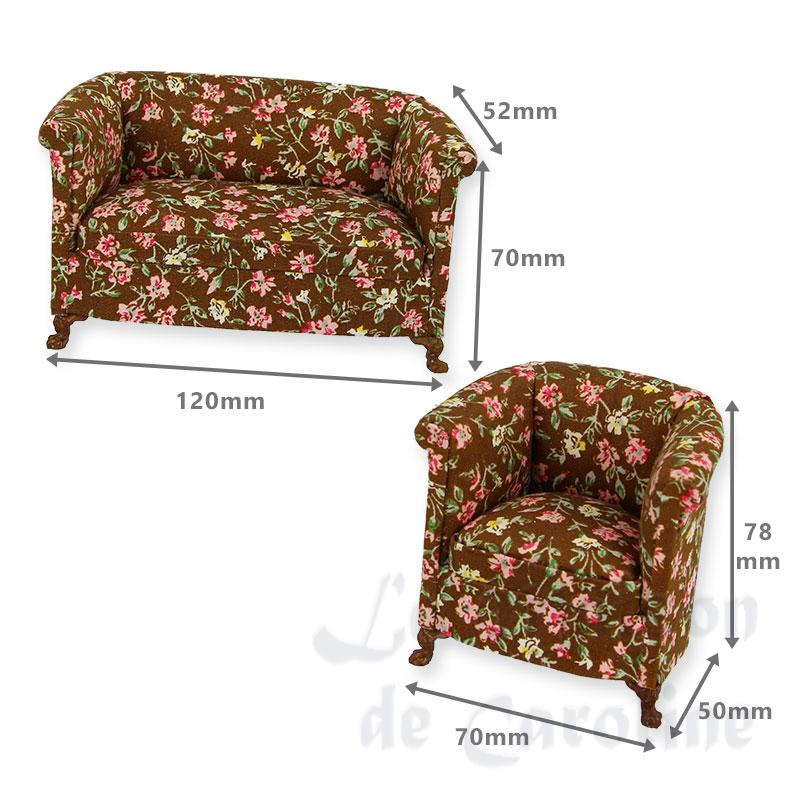 set 2 pcs sofa and armchair fabrics brown flowered walnut miniature 1:12 Bilder 1