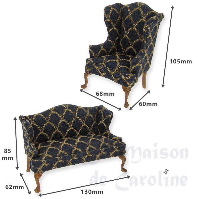 set of 2 pcs armchair and sofa fabrics dark blue walnut miniature 1:12 Bilder 1