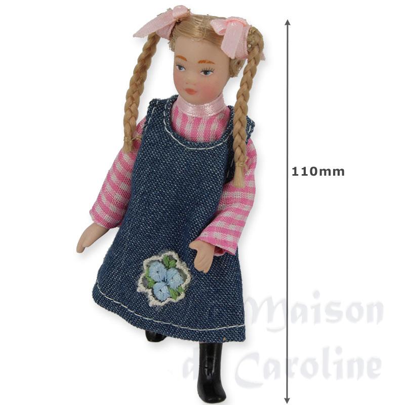 porcelain doll girl with braids and denim dress miniature 1:12 Bilder 1