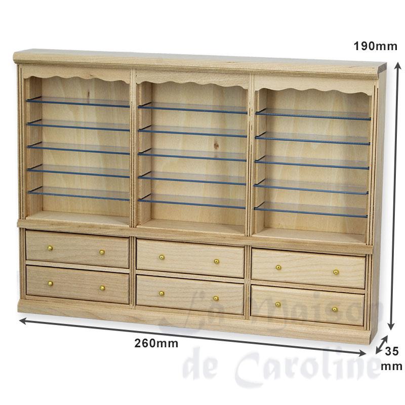 triple bookcase drawers bare wood miniature 1:12 Bilder 1