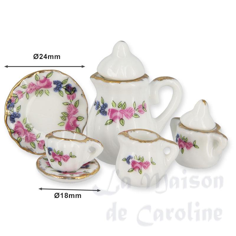 porcelain set 11 pcs round pink flowers miniature 1:12 Bilder 1