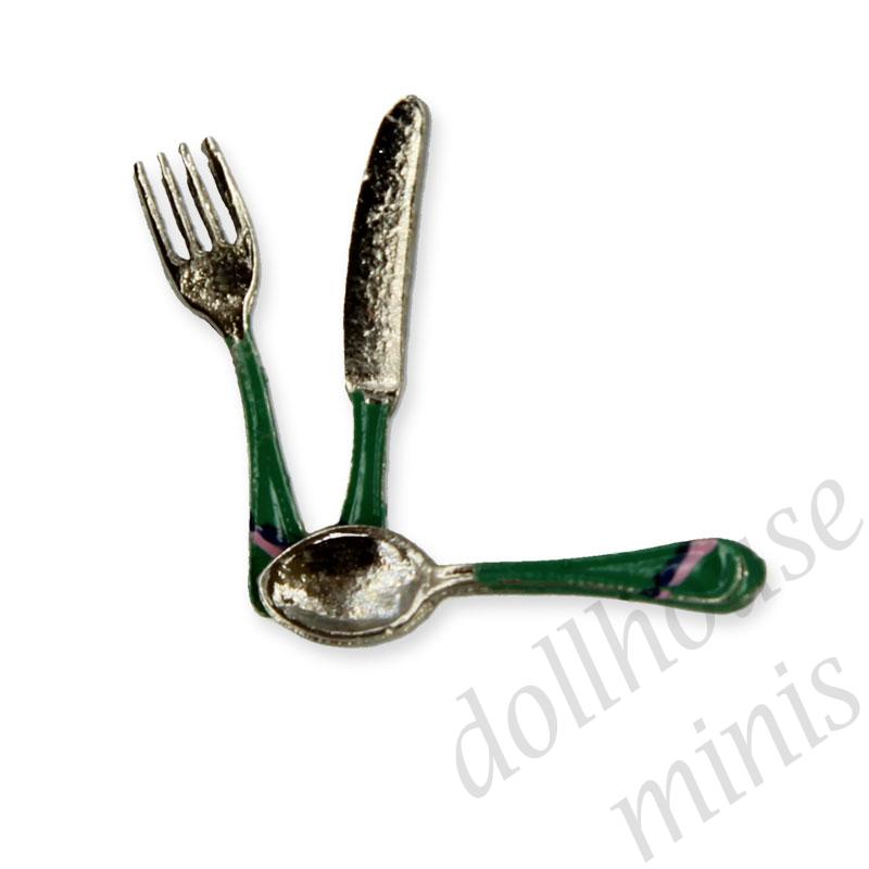 3 silverware on board, green handle Miniature 1:12