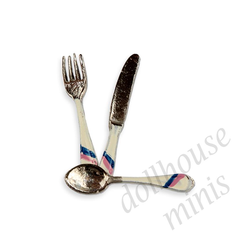 3 silverware on board, white handle Miniature 1:12