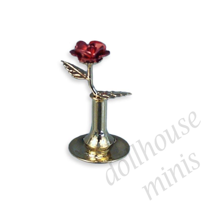 brass vase w//rose Miniature 1:12