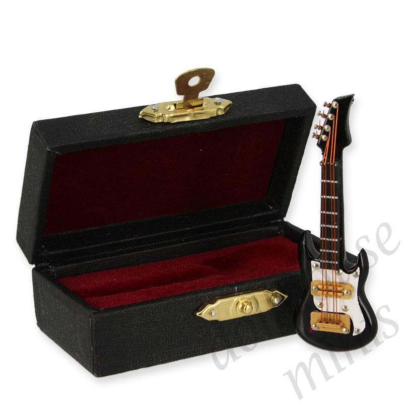 guitare black w/ black leather box Miniature 1:12