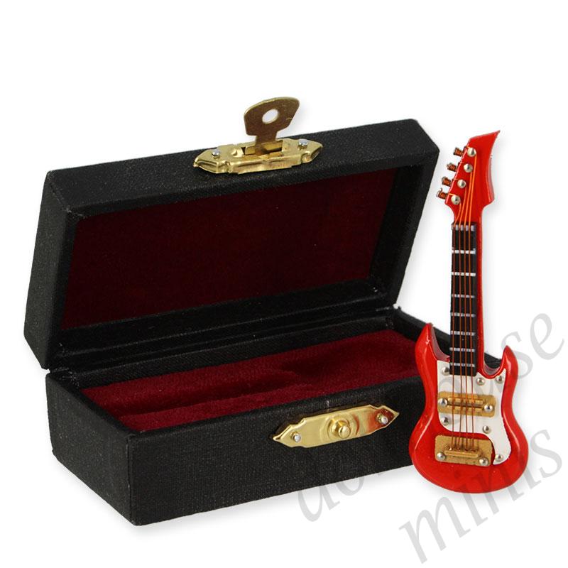 guitare red w/ black leather box Miniature 1:12 guitare red w/ black leather box Miniature 1:12