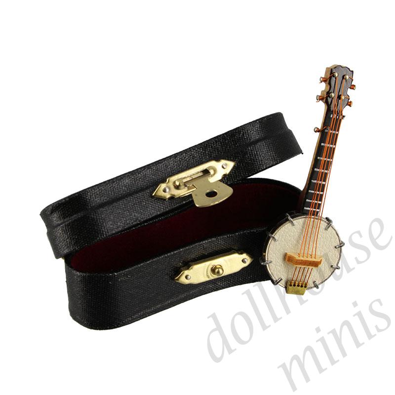 banjo w/ black leather box Miniature 1:12