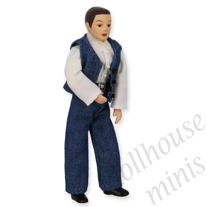 porcelain man, blue jeans for dollhouses 1:12