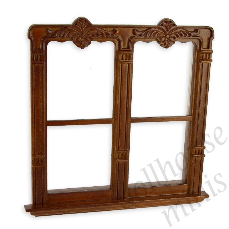 carved double window walnut miniature 1:12 for dollhouses 1:12