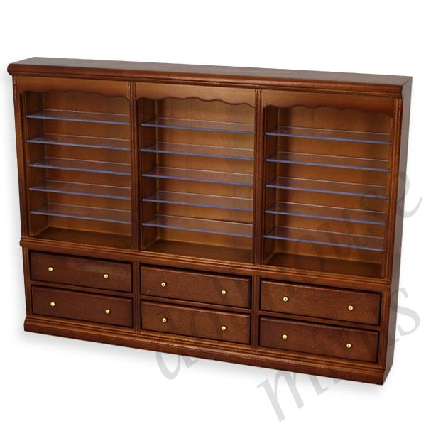 triple bookcase drawers walnut miniature furniture 1:12 triple bookcase drawers walnut miniature furniture 1:12