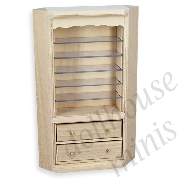 corner bookcase drawers bare wood miniature furniture 1:12