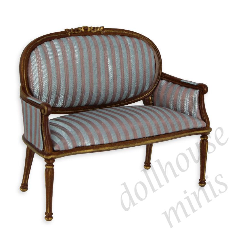 sofa louis xvi walnut-blue-gold stripes Trianon collectible furniture 1:12 sofa louis xvi walnut-blue-gold stripes Trianon collectible furniture 1:12