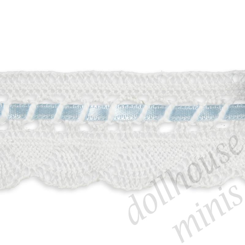 white lace curtain w. blue satin ribbon for dollhouses 1:12
