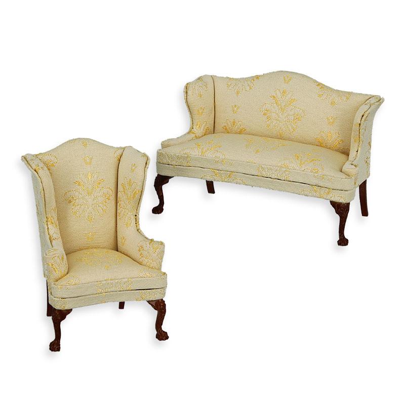set of 2 pcs. armchair and sofa ochre walnut Trianon collectible furniture 1:12 set of 2 pcs. armchair and sofa ochre walnut Trianon collectible furniture 1:12