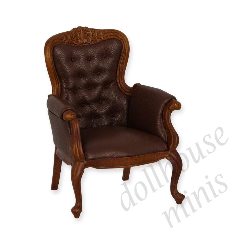 single seat sofa walnut brown leather  Trianon collectible furniture 1:12