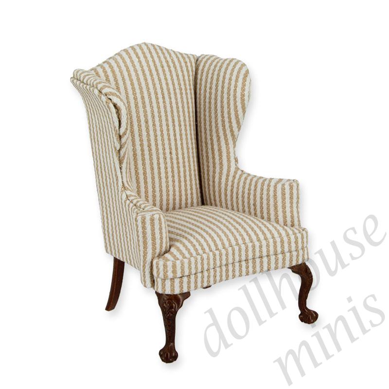 armchair walnut-cream stripes fabric Trianon collectible furniture 1:12 armchair walnut-cream stripes fabric Trianon collectible furniture 1:12