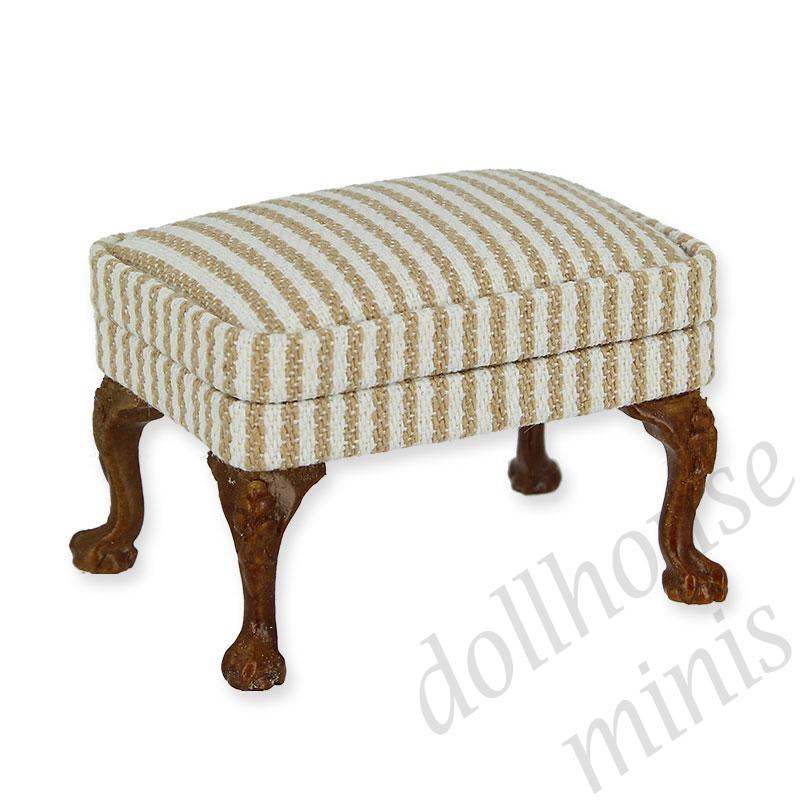 footstool walnut-cream stripe fabric Trianon collectible furniture 1:12 footstool walnut-cream stripe fabric Trianon collectible furniture 1:12