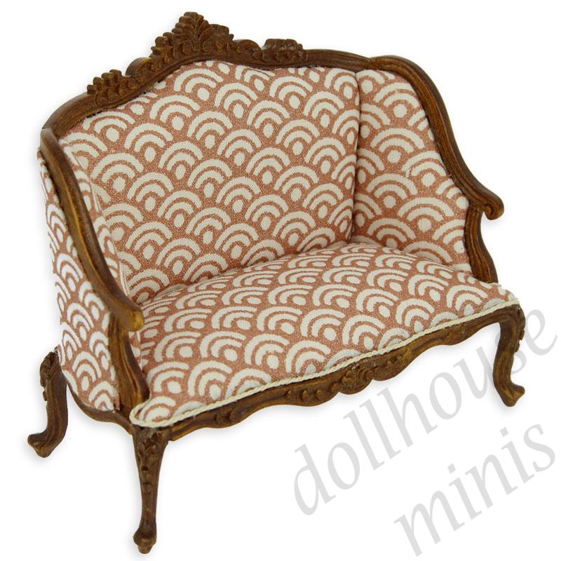 double seat sofa walnut pink n white Trianon collectible furniture 1:12 double seat sofa walnut pink n white Trianon collectible furniture 1:12