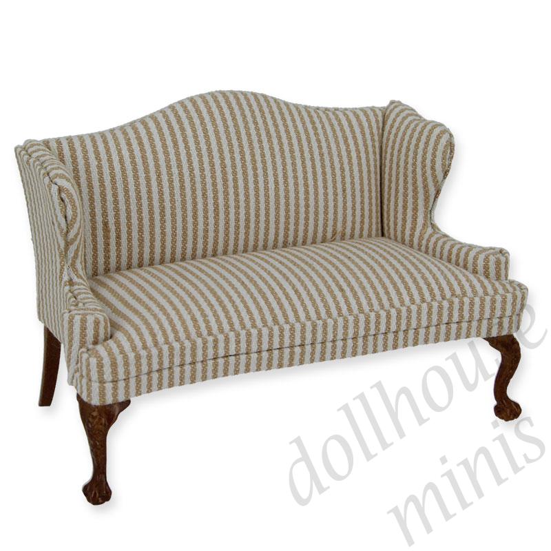 sofa walnut-cream stripe fabric Trianon collectible furniture 1:12 sofa walnut-cream stripe fabric Trianon collectible furniture 1:12