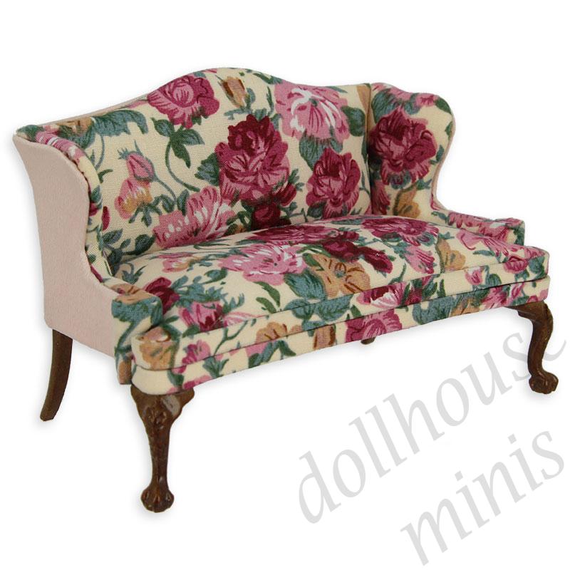 double seat sofa walnut-flower fabric Trianon collectible furniture 1:12 double seat sofa walnut-flower fabric Trianon collectible furniture 1:12