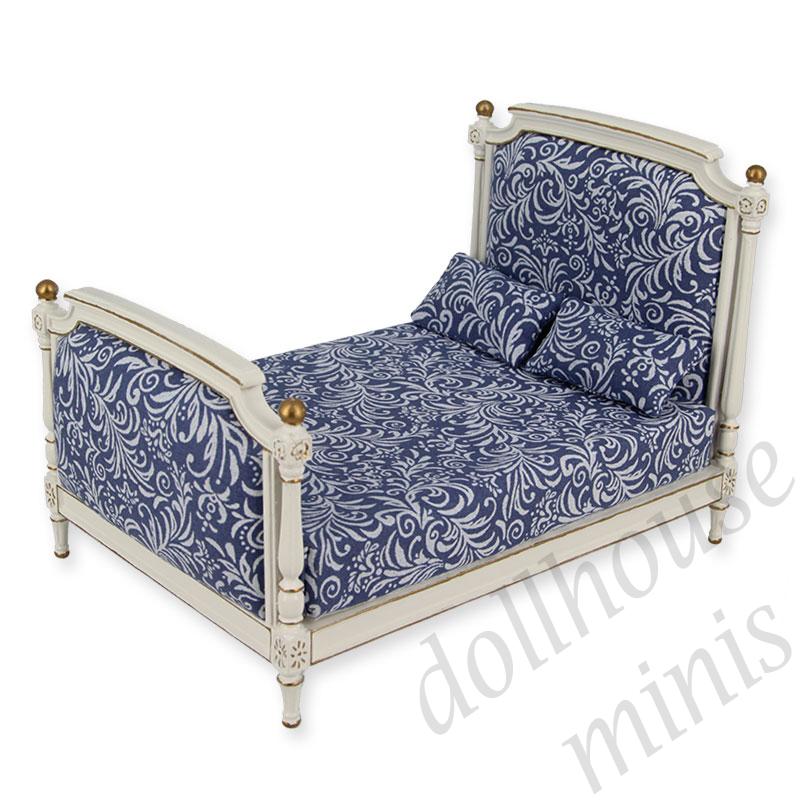 bed louis ivory-gold blue fabric Trianon collectible furniture 1:12 bed louis ivory-gold blue fabric Trianon collectible furniture 1:12