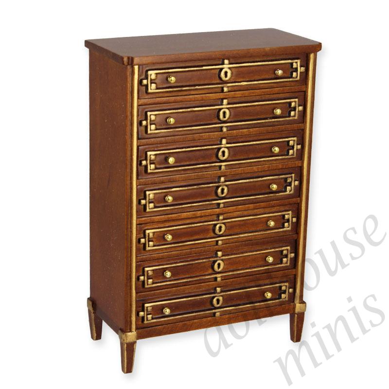 seven drawers chest walnut gold Trianon collectible furniture 1:12 seven drawers chest walnut gold Trianon collectible furniture 1:12