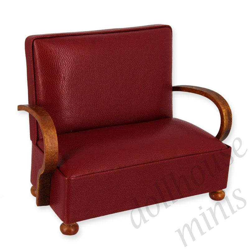 sofa art deco walnut-red leather  Trianon collectible furniture 1:12