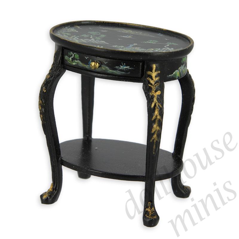 oval side table black chinese peint  Trianon collectible furniture 1:12