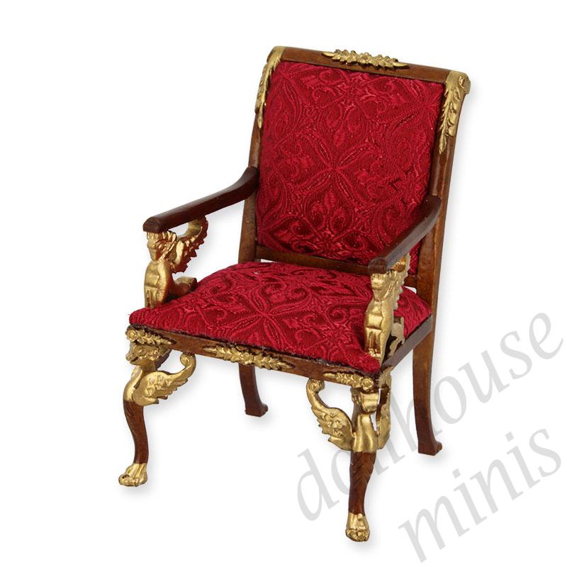 armchair fabric walnut and gold red fabric Trianon collectible furniture 1:12 armchair fabric walnut and gold red fabric Trianon collectible furniture 1:12