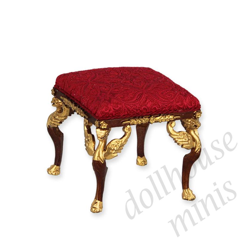 footstool walnut-gold red fabric  Trianon collectible furniture 1:12
