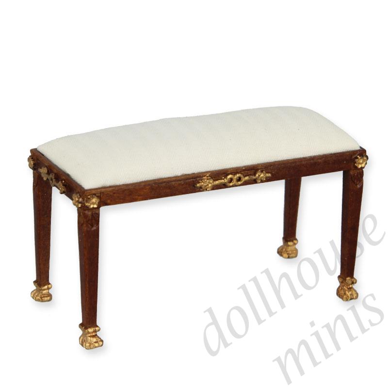bench seat walnut-gold cream fabric Trianon collectible furniture 1:12 bench seat walnut-gold cream fabric Trianon collectible furniture 1:12