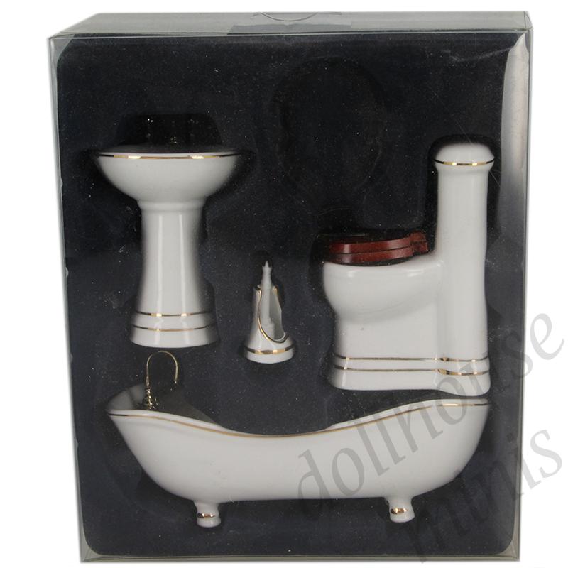 bath room set 4 pc white/gold miniature furniture 1:12