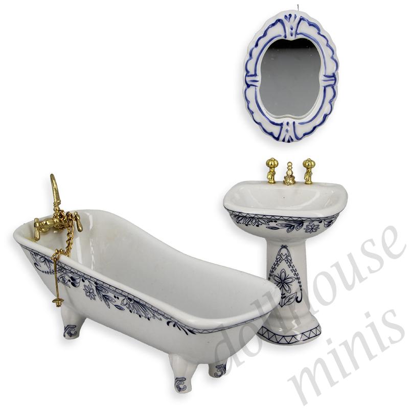 bath room set 3 pc blue miniature furniture 1:12 bath room set 3 pc blue miniature furniture 1:12
