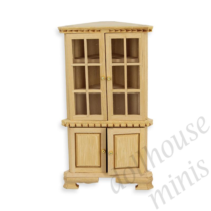 corner cabinet bare wood - offset handles - miniature furniture 1:12 corner cabinet bare wood - offset handles - miniature furniture 1:12