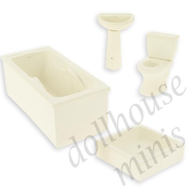 bath room set 4 pc all white - traces of glue - miniature furniture 1:12 bath room set 4 pc all white - traces of glue - miniature furniture 1:12