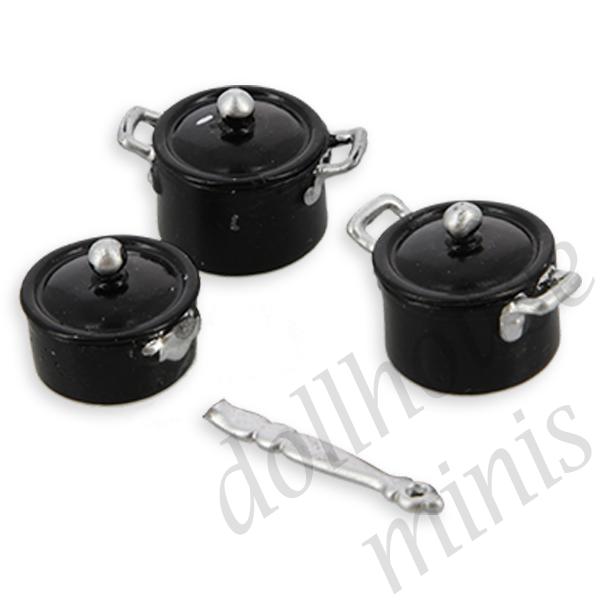 kooking set 3 pcs - one with a broken handle - black Miniature 1:12 kooking set 3 pcs - one with a broken handle - black Miniature 1:12