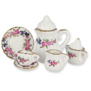 porcelain set 11 pcs round pink flowers miniature 1:12