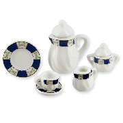 porcelain set 11 pcs round white / blue miniature 1:12
