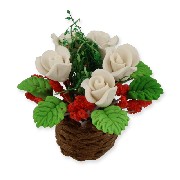 small flower pot red white green miniature 1:12