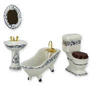 bath room set 4 pc white-blue miniature 1:12