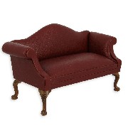 double seat sofa walnut-dark red leather miniature 1:12