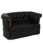 double seat sofa walnut/black laeather miniature 1:12