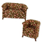 set 2 pcs sofa and armchair fabrics brown flowered walnut miniature 1:12