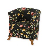 armchair walnut black fabric with flowers miniature 1:12