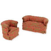 set 2 pcs sofa and armchair fabrics brown pink walnut miniature 1:12