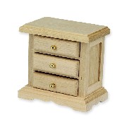 bedside table 3 drawers, bare wood miniature 1:12
