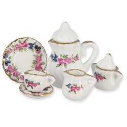 porcelain set 11 pcs round pink flowers miniature 1:12, Miniatures