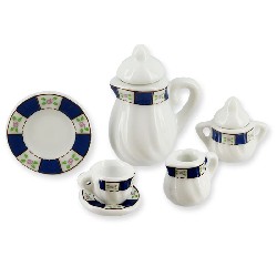 porcelain set 11 pcs round white / blue miniature 1:12, Miniatures